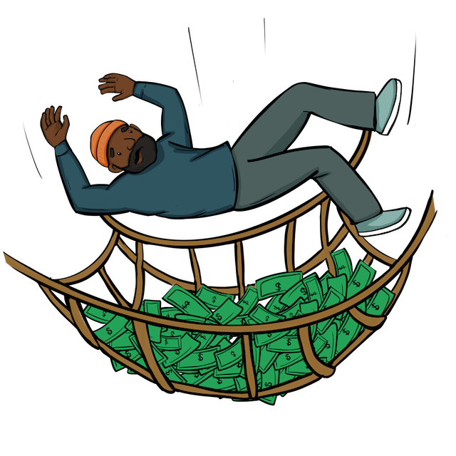 A man falling into a net made of dollar bills representing his emergency fund